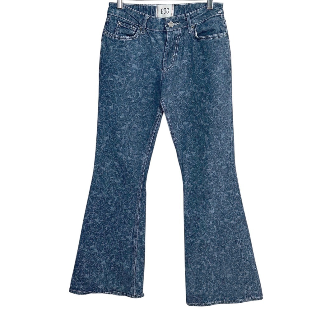 BDG Low Rise Flare Jeans Women 24(26) Blue Swirl Pattern Dark Wash Denim Pants‎